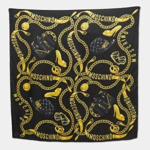 Moschino Black Chain Printed Silk Square Scarf