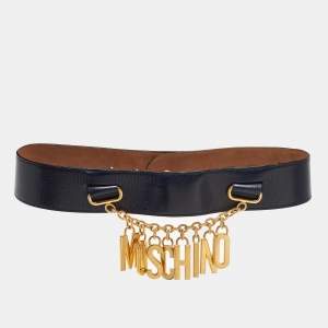 Moschino Blue Leather Logo Charm Waist Belt 70CM