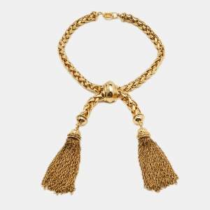 Moschino Gold Tone Braided Tassel Statement Necklace