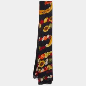 Moschino Black Floral Logo Print Silk Stole