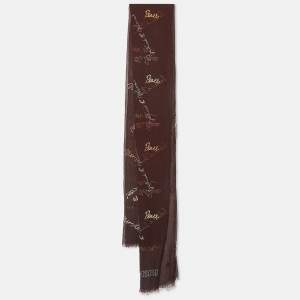 Moschino Larioseta Brown Text Embroidery Silk Blend Scarf