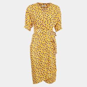 Moschino Yellow Printed Crepe Faux Wrap Midi Dress M