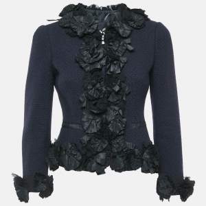 Moschino Navy Blue Textured Wool Ruffle Detail Blazer S