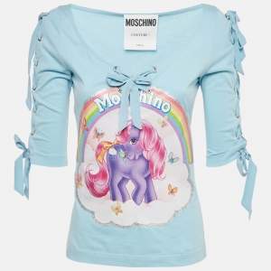 Pre Owned Moschino Couture Blue My Little Pony Print Jersey Lace-Up Top S