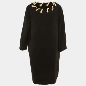 Pre Owned Moschino Black Crepe Pearl Detail Short Dress L