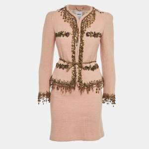 مملوكة مسبقًا Moschino Peach Tweed Gypsy Sequin Blazer and Mini Skirt Suit S