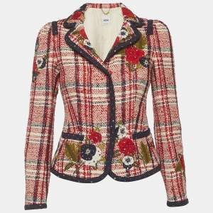 Pre Owned Moschino Multicolour Plaid Tweed Embroidered Jacket S