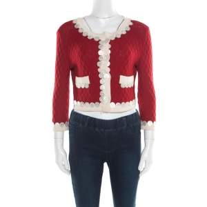 Moschino Red and White Wool Logo Button Detail Cropped Cardigan M