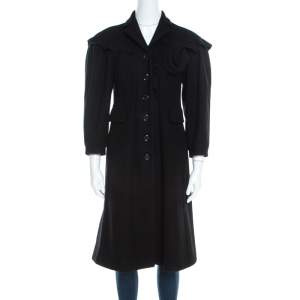 معطف طويل موسكينو صوف حواف منفوشة حلية موردة أزرار أمامية أسود M