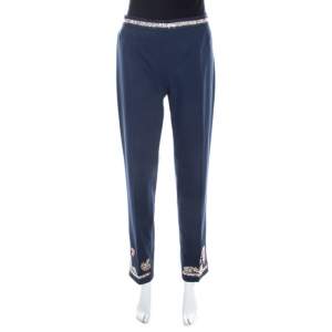 Moschino Navy Blue Cotton Embroidered Embellished Detail Fitted Trousers M 