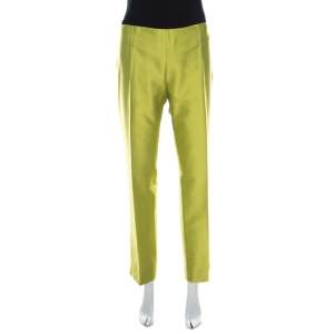 Moschino Bright Green Silk Blend Flat Front Straight Leg Trousers L 