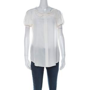 Moschino Cream Silk Crepe de Chine Bow Detail Short Sleeve Blouse L