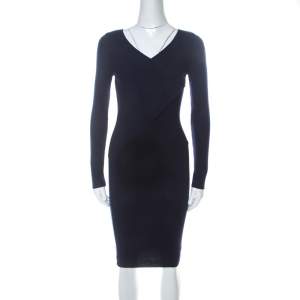 Moschino Navy Blue Rib Knit Wrap Bodice Long Sleeve Midi Dress S 