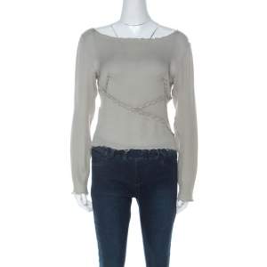 Moschino Couture Sage Green Textured Silk Long Sleeve Cropped Top M 