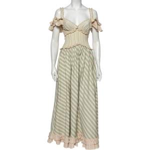 Moschino Cream & Blue Striped Cotton Lace Trim Detailed Flared Maxi Dress S