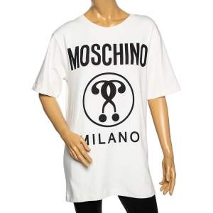 Moschino White Jersey Double Question Mark Logo Print Belted T-Shirt Dress S