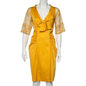 Moschino Yellow Cotton And Lace Sleeve Bow Detail Midi Dress M