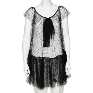 Moschino Black Tulle Ruffled Hem Bow Detail Sheer Mini Dress S