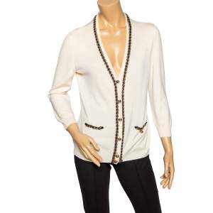 Moschino Cream Wool Knit Chain Trimmed Button Front Cardigan L