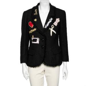 Moschino Black Tweed Appliqué Detail Frayed Blazer L