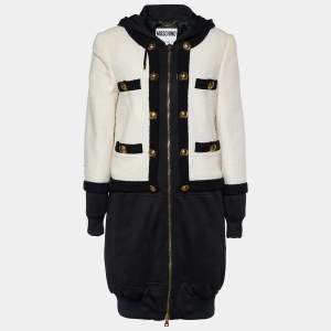 Moschino Couture Monochrome Tweed & Rib Knit Faux Jacket Hoodie Dress L