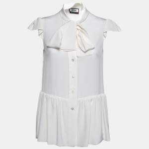 Pre Owned Moschino Cream Silk Neck Tie Detail Ruffle Trim Sleeveless Shirt S