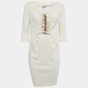 Moschino Vintage Cream Jersey Ruffled Chain Detail Midi Dress M 