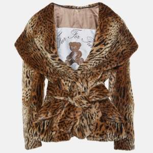 Moschino Brown Leopard Printed Faux Fur Belted Jacket M
