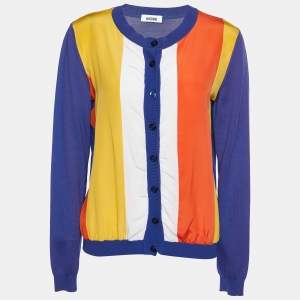 Moschino Purple Cototn Knit & Multicolor Silk Paneled Button Front Cardigan M