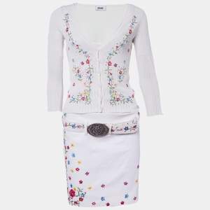 Moschino White Perforated Knit Embroidered Camisole Cardigan & Cotton Belted Skirt Set M