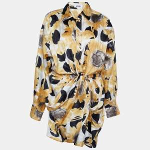 Moschino Yellow Printed Silk Lame Drape Detail Mini Dress L