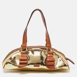 Moschino Gold/Brown Sequins and Leather Satchel