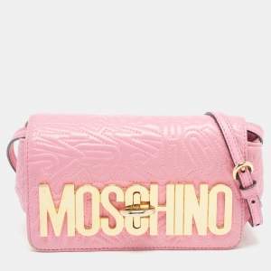 Moschino Pink Embossed Leather Logo Crossbody Bag