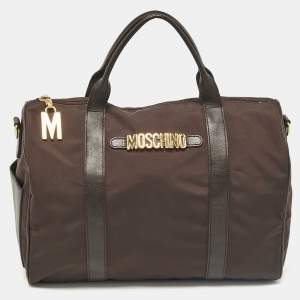 Moschino Dark Brown Nylon Logo Boston Bag