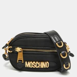 Moschino Black Leather and Nylon Classic Logo Camera Crossbody Bag