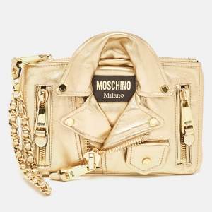 Moschino Gold Leather Capsule Biker Jacket Wristlet Clutch