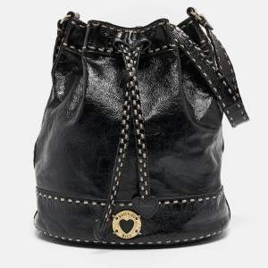 Moschino Black Wild Stitch Patent Leather Drawstring Bucket Bag