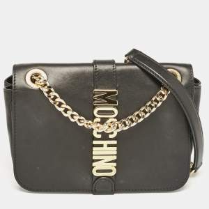 Moschino Black Leather Classic Logo Flap Chain Bag
