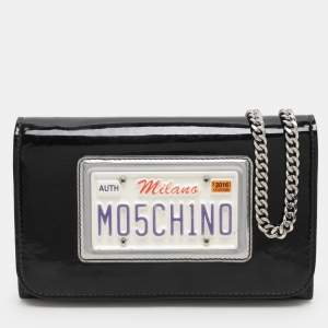 Moschino Black Patent Leather Number Plate Chain Clutch