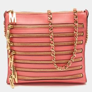 Moschino Dark Pink Leather Multi Zip Shoulder Bag