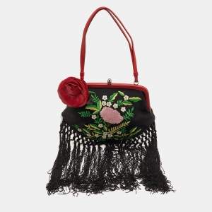 مملوكة مسبقًا Moschino Black/Red Satin and Leather Tassel Floral Embroidered Shoulder Bag