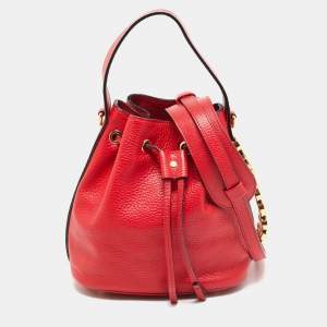 Pre Owned Moschino Logo Red Leather Drawstring Bucket Bag