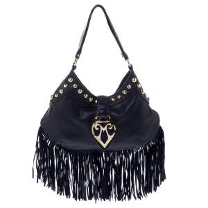 Moschino Navy Blue Leather Studded Fringe Hobo 