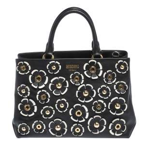 Pre Owned Moschino Black Floral Applique Leather Tote
