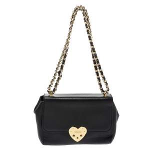 Pre Owned Moschino Black Leather Heart Clasp Shoulder Bag