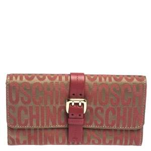 Pre Owned Moschino Red/Beige Signature Fabric and Leather Buckle Flap Wallet