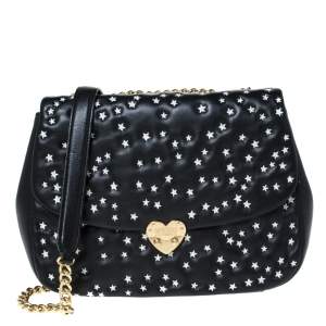 Pre Owned Moschino Black Star Embroidered Leather Flap Heart Lock Chain Bag