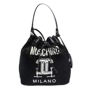 مملوكة مسبقًا Moschino Black Logo Print Nylon and Leather Bucket Bag