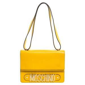 Pre Owned Moschino Mustard/Yellow Grained Leather Logo Flap Shoulder Bag