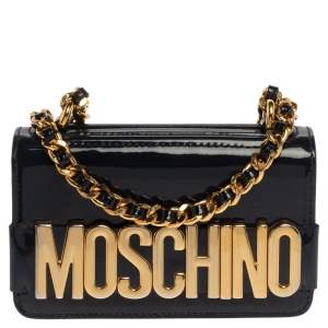 Pre Owned Moschino Navy Blue Patent Leather Flap Crossbody Bag